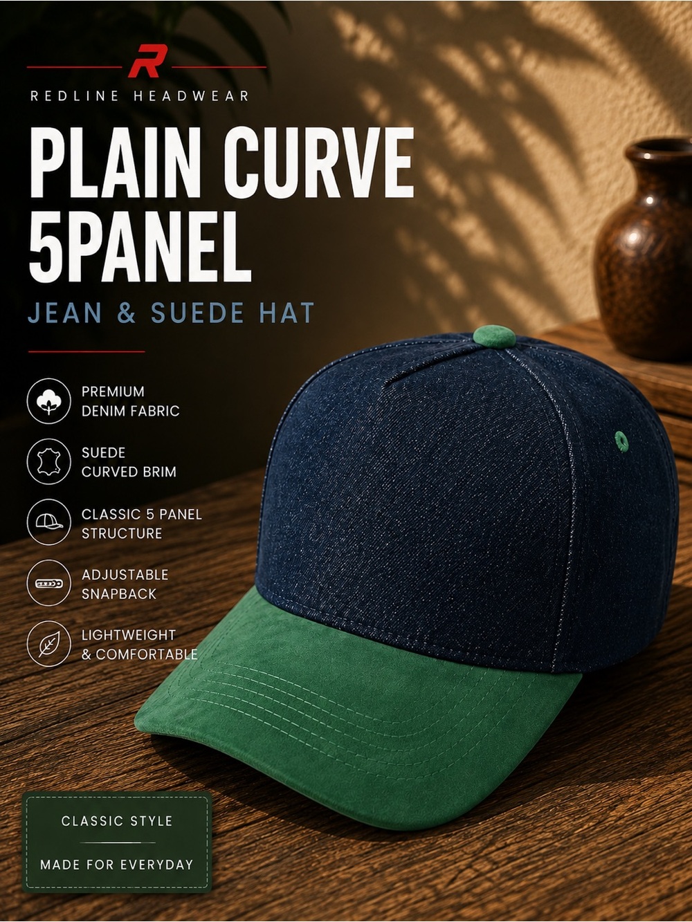 Men’s Navy Denim 5-Panel Cap with Green Suede Brim